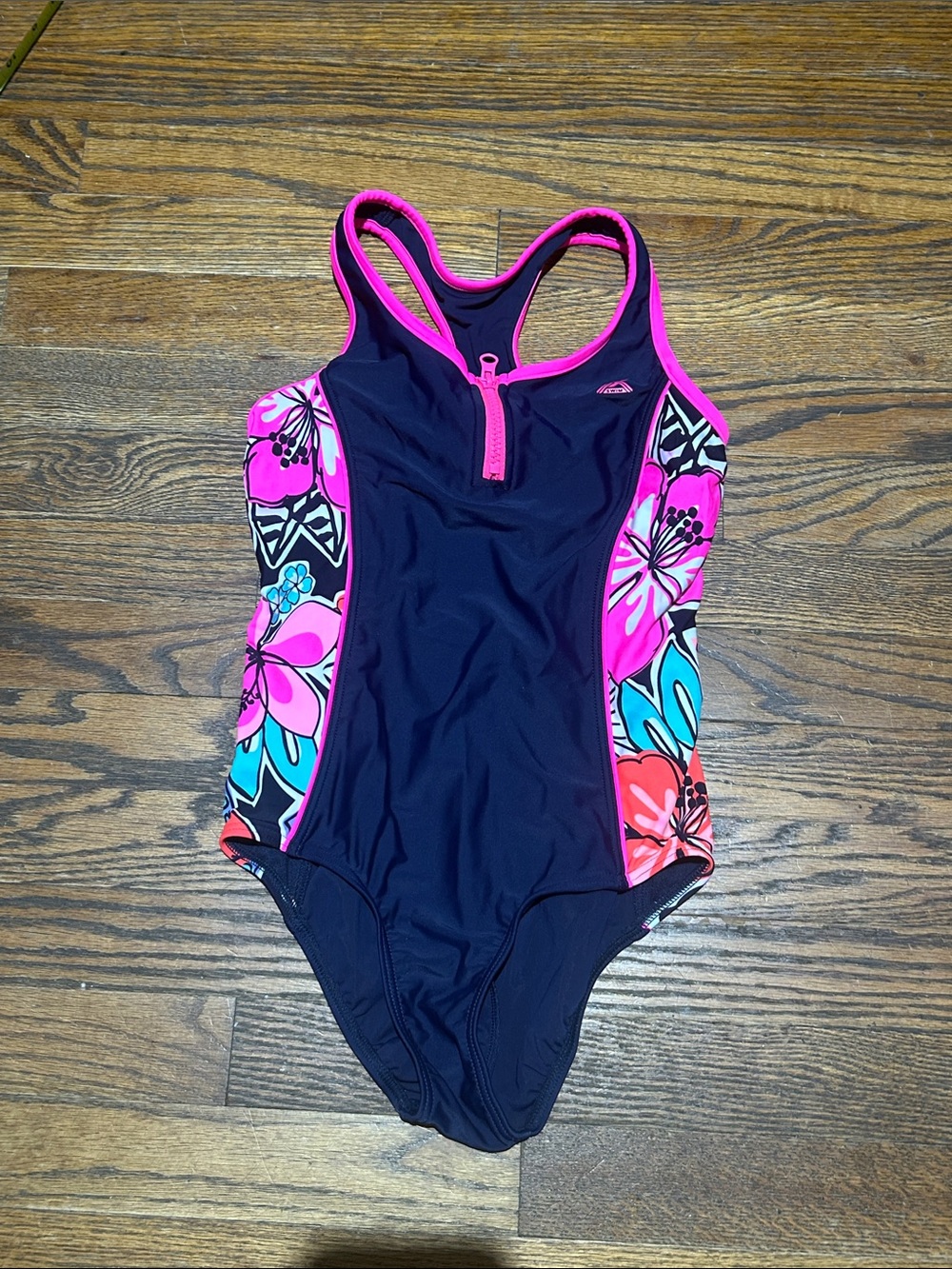 ZeroXposur Black One-Piece Swimsuit with Pink and Teal Floral Panels
